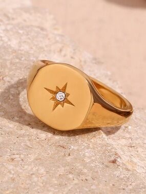 Gold Star Signet Ring with Diamond Accent - Women Jewelry